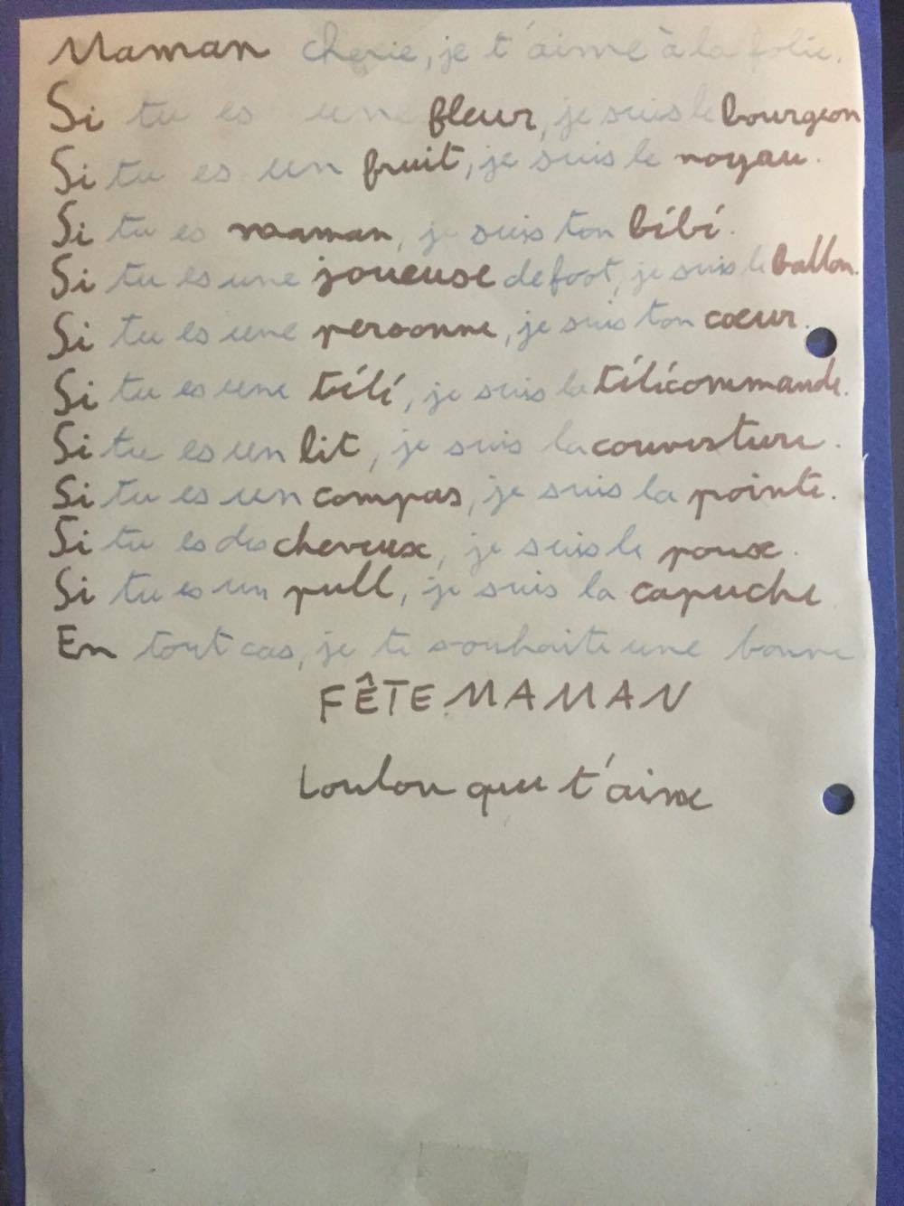 Lettre de Louis à sa maman pour la fête des mères (7 ans 