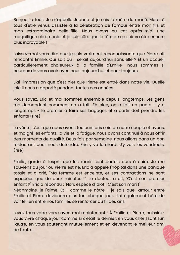 discours de mariage de la mère du mariée