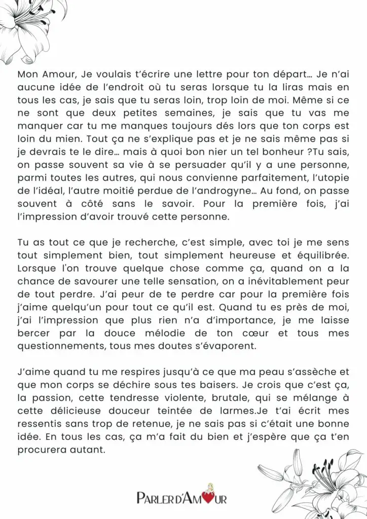 Exemple de lettre d'amour avant un départ en voyage