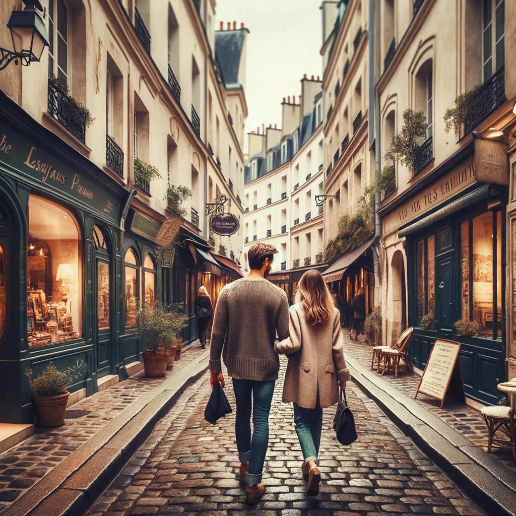 couple qui se promene dans le marais a paris