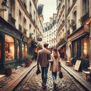 couple qui se promene dans le marais a paris